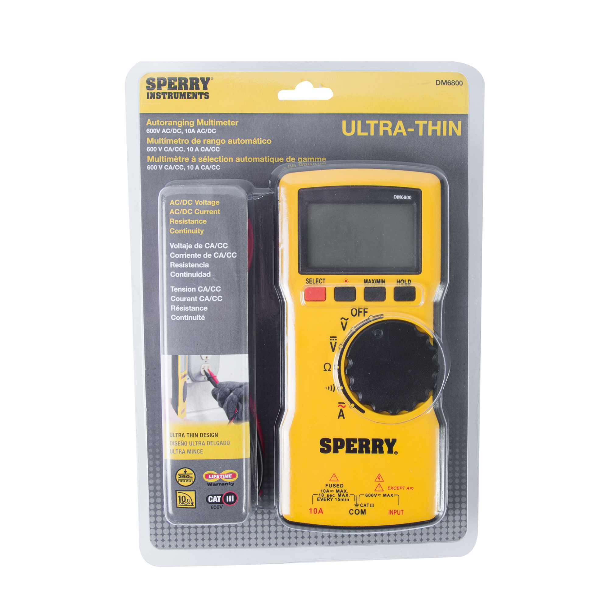 10A Sperry Instruments DM6800 Autoranging 600V AC/DC Yellow Digital Thin Multimeter 10A Sperry Instruments DM6800 Autoranging 600V AC/DC Yellow Digital Thin Multimeter